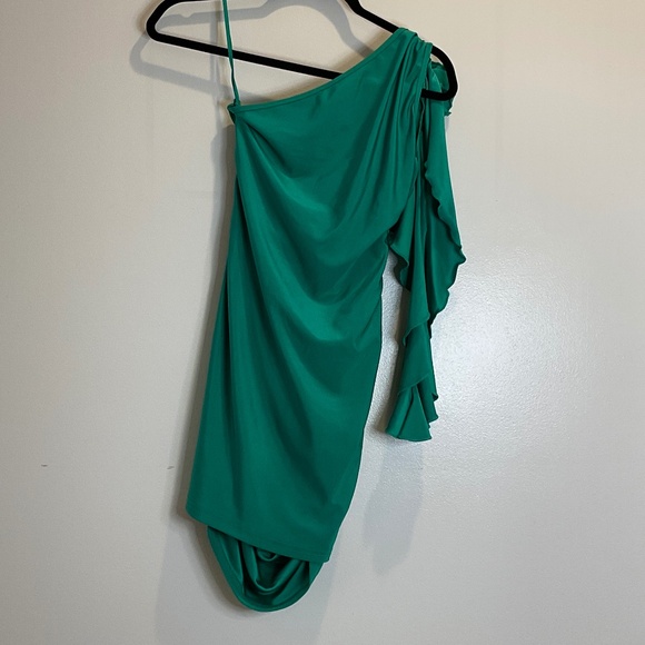 Green One Shoulder Sleeveless Ruffle Trim Mini - Picture 3 of 5